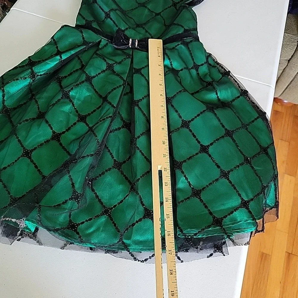 Jona Michelle Girls Dress 5 Emerald Green Satin Black Mesh Festive Holiday Party